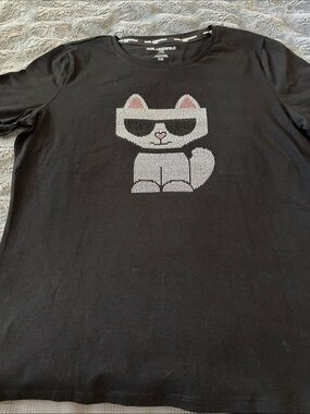 Karl Lagerfeld Black Tee with Rhinestone Cat Motif